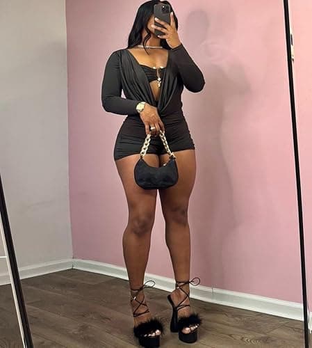 LXUAMR Jumpsuits for Women Sexy Deep V Neck Long Sleeve Romper Solid Color Bodycon Shorts Jumpsuit Going Out Outfits thumbnail 2