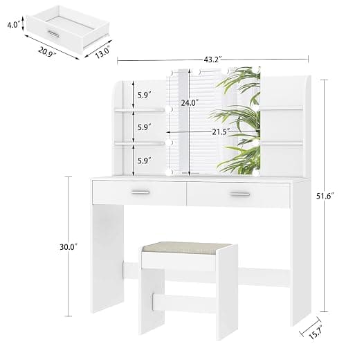 usikey Vanity Desk with Mirror and Lights, Makeup Vanity Set with 2 Drawers and Open Shelves, Makeup Vanity Desk Dressing Table with Cushioned Stool and 10 LED Lights, White thumbnail 2