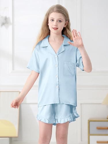 QZH.DUAO Girls Satin Pajamas Set Button Down Silk 2 Piece Pj Sets Ruffle Short Sleeve Sleepwear thumbnail 3