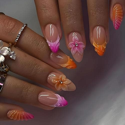LPOODDNU Colorful French Tip Press on Nails - Medium Almond Fake Nails with 3D Flower Ocean Designs, Glossy Finished Reusable False Nails with Adhesive Glue Tabs - 24Pcs Nail Kit for Women Manicure thumbnail 2