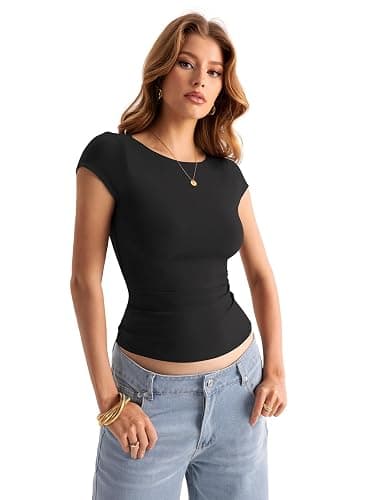 EasyGala Womens Double Lined Boat Neck Tops Cap Sleeve Tight Y2k T Shirts | Short Sleeve, Fitted, Going Out Tops, Compression Basic Tees, Cute, Trendy, Summer Fashion Clothes, Workout, Vacation thumbnail 4