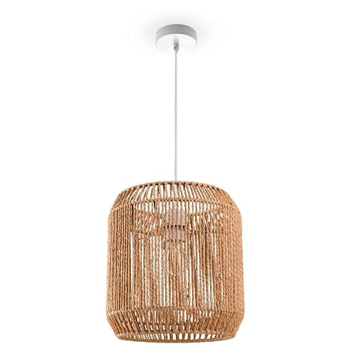 Paco Home Hängelampe Bambus Wohnzimmer Pendelleuchte Rattan Esstisch Esszimmer Lampe E27 Hängeleuchte Papier Boho, Farbe:Natur (Ø28cm), Leuchtenart/Farbe:Pendelleuchte - Weiß - Image 1