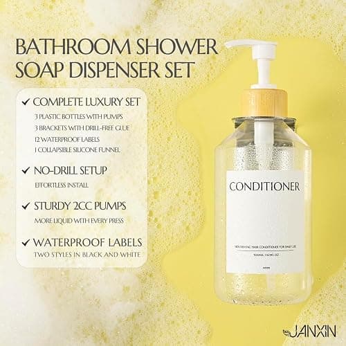 Janxin 3 Pièces Distributeur de Shampoing Mural, Distributeur Savon Mural 500ml, Distributeur de Savon Mural sans Perçage, avec Étiquette Étanche (Flacon Transparent + tête en Bambou Blanc) thumbnail 3