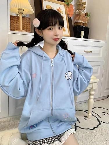 OATSBAS Kawaii Zip Up Hoodie Women Cute Cartoon Embroidery Oversized Pullover Sweatshirt Harajuku Kawaii Hooded Top thumbnail 3