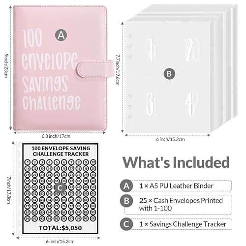 Luweoxy 100 Envelope Challenge Binder Money Saving Binder, Easy and Fun Way to Save $5,050, Cash Stuffing Budget Planner Savings Challenge Book (Pink) thumbnail 3