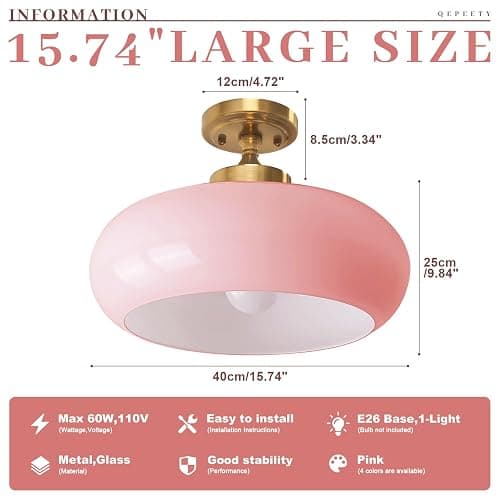 Qepeety Pink Glass Ceiling Light Fixture, Blush Retro Flush Mount for Girls Room Nursery, Bedroom, 15.74 Inch Vintage Ceiling Light with Gold Metal Base, E26 Socket (Bulb Not Included) thumbnail 4