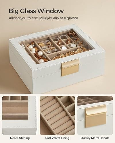 SONGMICS Jewelry Box with Glass Lid, 2-Layer Jewelry Organizer with Removable Tray, Jewelry Storage, Modern Style, Gift for Loved Ones, Cloud White and Metallic Gold UJBC238W01 thumbnail 4