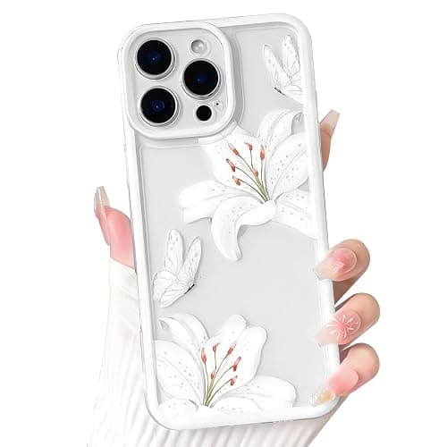 NITITOP Compatible with iPhone 16 Pro Case Cute Durable Lily Flower Floral Butterfly Pattern for Women Girls Color Frame Slim Shockproof Protective Phone Cover - White - Image 1