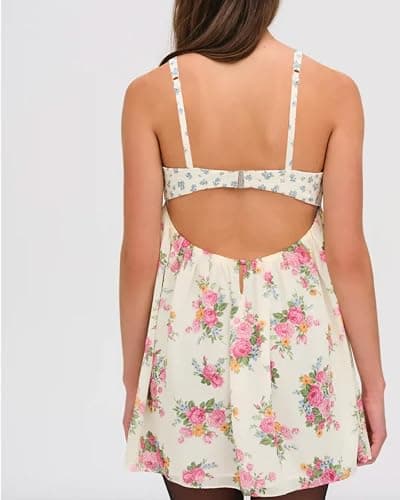 Women Spaghetti Strap Floral Mini Dress Boho Loose Cami Short Dress Y2k Summer Colorful Print Holiday Sundress - Light Beige - Small thumbnail 4