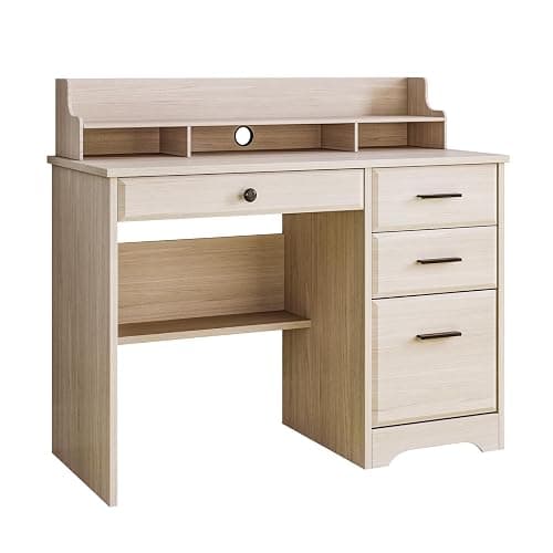 4 EVER WINNER Small Desk with Drawers, Computer Desk with File Cabinet & Monitor Stand, Home Office Desks with Drawers, Wood Writing Desk for Bedroom, Off White thumbnail 5