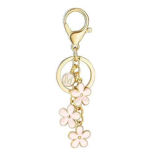 SELOVO Initial Keychain White/Pink/Black Cute Keychain Girl Purse Charms for Handbag Cute Letter Flower Keyring for Backpack - Image 1