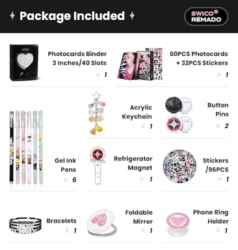 Stray Merch Gift Box Set, Including 60 Photocards, 96 Stickers, 3 Inches Photocards Binder, 4 Bracelets, Foldable Mirror, 2 Button Pins, Keychain, Fridge Magnet, Phone Ring Holder, 6 Pens for Stay thumbnail 4