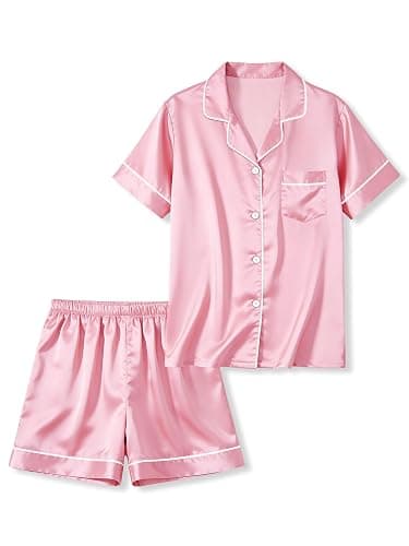 LANKMEI Girls Pajamas Silky Satin PJs 2Pcs Sleepwear Short Sleeve Button Top and Shorts - Image 1