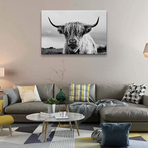 Highland Cow Wall Art Canvas Print Black and White Animal Canvas Picture Framed Art Wall Decor for Bedroom Bathroom (16x24 inch) thumbnail 4
