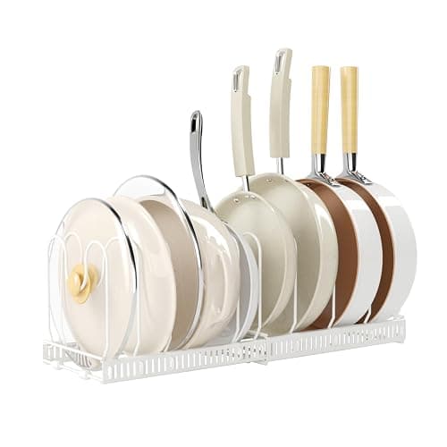 Lhieiayh Pots and Pans Organizer under Cabinet,Expandable Pot Lid Organizer Holder with 10 Adjustable Dividers for Kitchen Cabinet Cookware Baking Frying Rack,White - Image 1