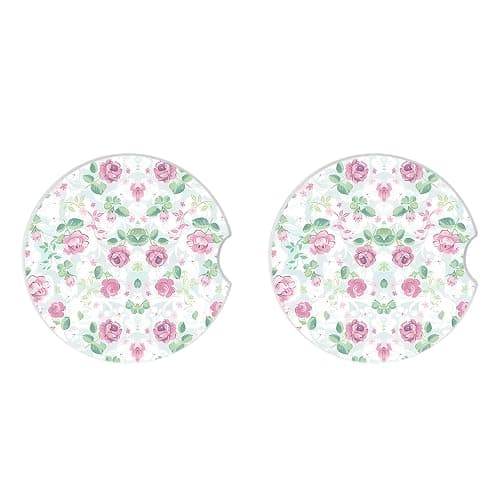 Car Coasters for Drinks Absorbent,2 Pack Cup Holders,2.56" Ceramic Stone & Non-Scratch Cork Base Coasters,Auto Accessories for Women & Men(Pink Flowers). thumbnail 3