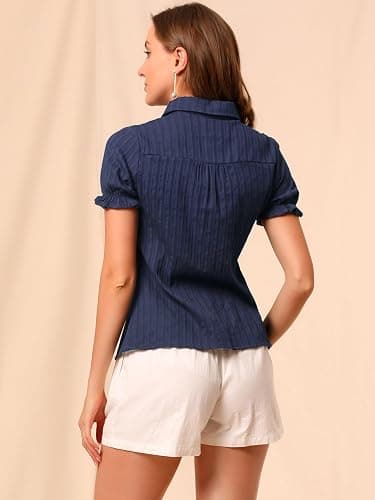 Allegra K Women's Peter Pan Collar Shirt Cotton Vintage Short Sleeve Button Down Shirt thumbnail 5