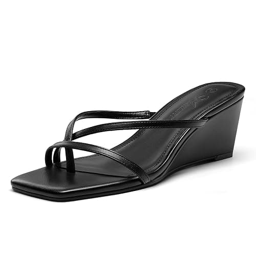 Athlefit Women's Dressy Summer Wedge Sandals Slip On Casual Strappy Thong Slides Cute Square Open Toe Flip Flop Heels - Image 1