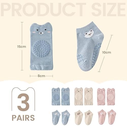 BUOKSLLY 3 Paar Anti Rutsch Socken & 3 Paar Knieschoner Baby, Unisex, Alter 0-24 Monate, Pink, blue, khaki, Cartoon Muster, Baumwolle, Rutschfest, Schtzend, Komfortabel, Ideal als Geschenk thumbnail 2