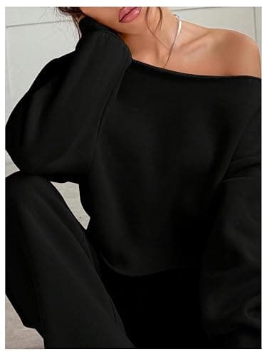 SOLY HUX Women's 2 Piece Outfits Fall Sweatsuits Off The Shoulder Crop Top Wide Leg Sweatpants Casual Matching Lounge Sets thumbnail 5