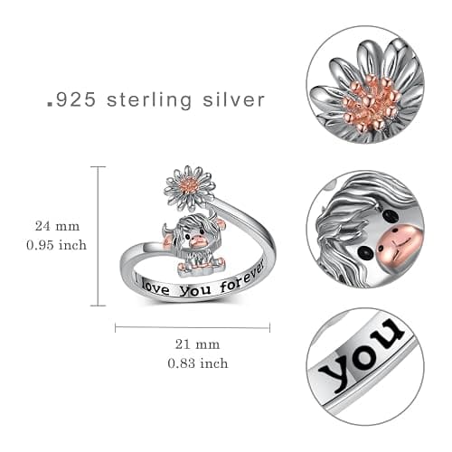 qielizhu Highland Cow Ring 925 Sterling Silver Adjustable Cute Cow/Capybara/Axolotl/Dragon/Panda Open Rings with Daisy Cow Jewelry Gift for Women thumbnail 4