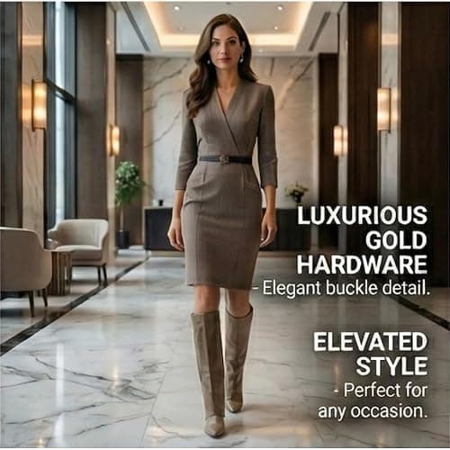 Silanway Women's Knee High Boots Leather Fold Over Pointed Toe Gold Buckle Stacked Heel Dress Casual Slouchy Mid Calf Booties thumbnail 4