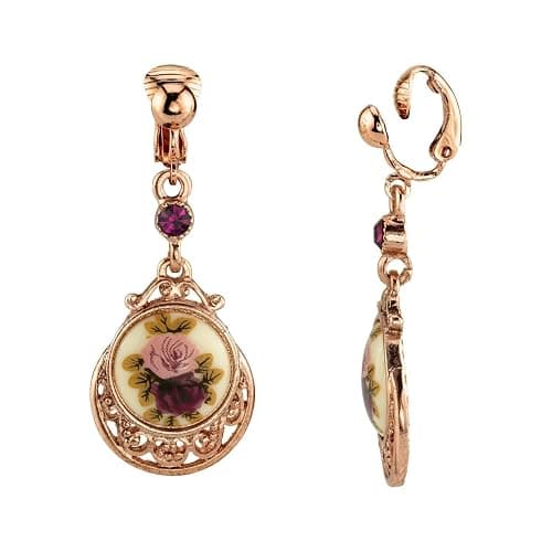 1928 Jewelry Manor House Rose Purple Crystal Flower Clip On Drop Earrings, Non Piercing Ear Rings, Pierceless Snap On, Romantic Roses Vintage Victorian Inspired Aesthetic, 14K Gold Dipped, Made In USA - Image 1