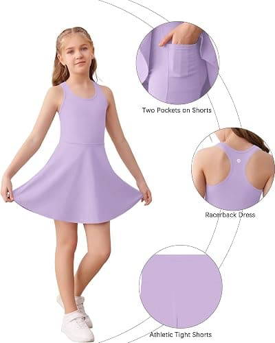 Haloumoning Girls Sleeveless Tennis Dress Kids Racerback Golf Dress School Sports Dresses Outfit with Shorts Pockets thumbnail 4