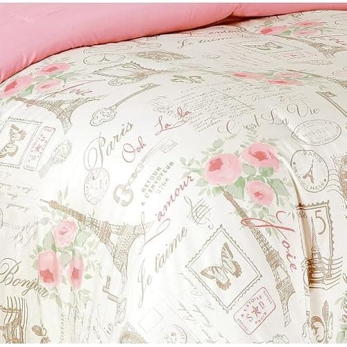 City of Romance 5-Piece Comforter Set, Super Soft, Paris decor for bedroom, Eiffel Towers, Watercolor Floral Bouquets, Butterflies, Reversible Bedding, French Country Pattern, Pink/White, Queen thumbnail 3