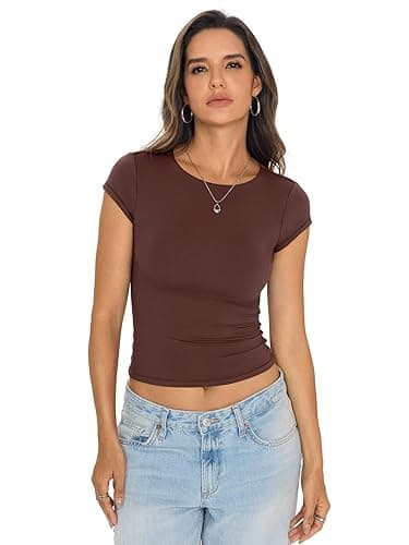 EasyGala Womens Double Lined Tops Cropped Cap Sleeve Shirts Crew Neck Fitted Going Out Tees Y2k Summer Clothes 2026 thumbnail 6