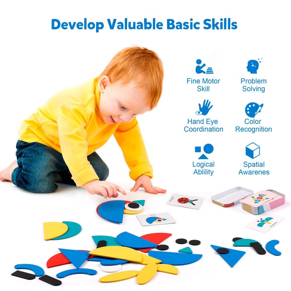 Coogam Wooden Pattern Blocks - Tangram Shape Puzzle Set Color Sorting Stacking Game Wood Animal Jigsaw Preschool Montessori Brain Teaser STEM for 3 4 5 Years Old Toddler Kid (60 Pattern Cards) thumbnail 4