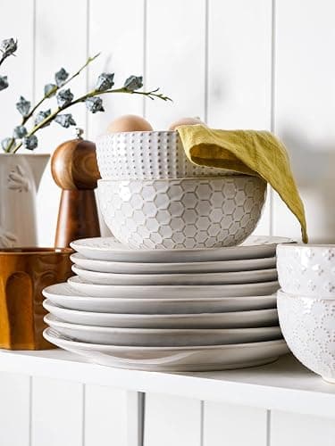 LE TAUCI Plates and Bowls Sets for 4, 12 Piece Ceramic Dinnerware Sets, Modern Stoneware Kitchen Dish Set, Chip Resistant, Microwave & Dishwasher Safe, Embossed, Arctic White thumbnail 8