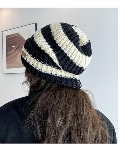 TYHOTULY Women Striped Color Block Beanies Y2k Grunge Emo Vintage Knit Fall Winter Slouchy Skull Cap Outdoor Winter Warm Hat thumbnail 6