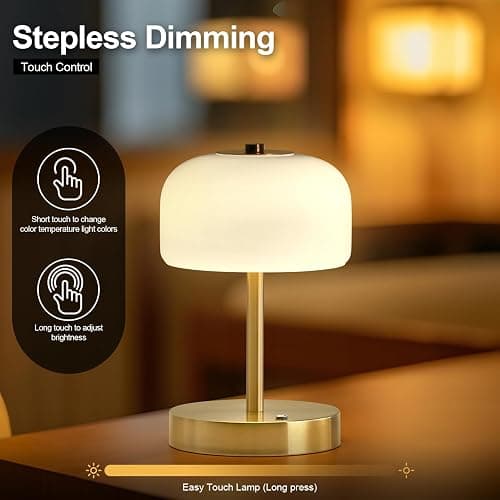 PORTRES Cordless Table Lamp Rechargeable Battery Operated Mushroom lamp Opal Glass Shade 3 Way Dimmable LED Touch Outdoor Lamp for Camping Bedroom Dining Living Room Beside Patio Restaurant,Gold thumbnail 6