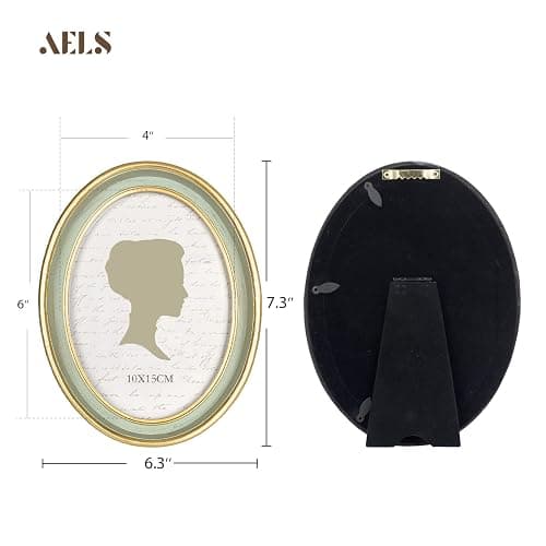 AELS 4x6 Inch Vintage Picture Frame, Elegant Antique Photo Frames with Glass Front, Photo Display, Tabletop Wall Hanging, Gift Ideas, Oval Sage Green with Gold Trim thumbnail 3