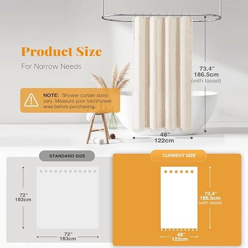 BTTN Boho Shower Stall Curtain - 48x72 Narrow Farmhouse Linen Ultra Thick Tassel Fabric Shower Curtain Set with 8 Hooks, Half Striped Camper RV Modern Country Shower Curtains for Bathroom, Cream/Beige thumbnail 2