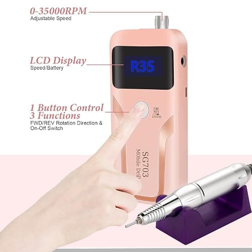 Electric Nail Drill, DELIFO Portable Nail Drill Professional 35000 RPM Nail File Machine Rechargeable Pedicure Acrylic Nails Polishing Tools with Bits LED Display for Home Salon Manicure thumbnail 7