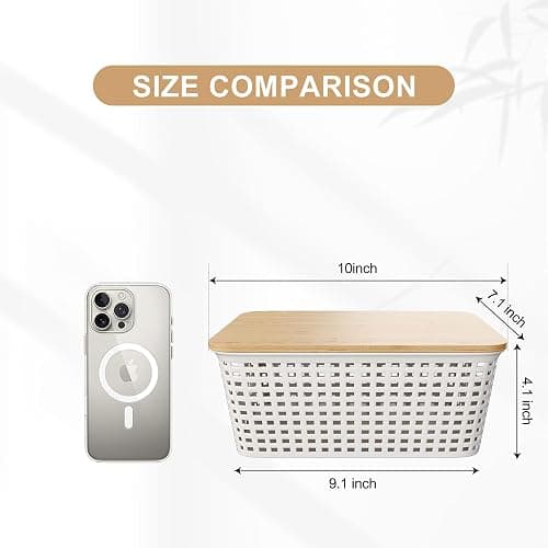 Plastic Storage Bins with Bamboo Lid - Plastic Storage Baskets with Lid - Stackable Container with Lable for Organizing: Small Storage Box for Shelves Office Cabinet Drawer ,10x7.2x4 In - White 6 Pcs thumbnail 3