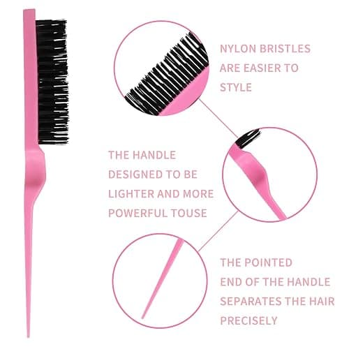 UREELIN Detangler Brush Set for 3a,4c,Wig/Thick/Wavy/Curly/Wet Slick Back Hair Brushes,Rat Tail Combs,8-Row,Edge Brush,For braiding,teasing,parting,styling,kids,girls,women(Pink) thumbnail 4