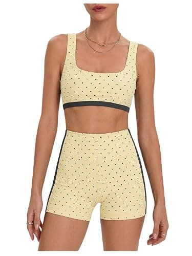 Milumia Women's Polka Dots Workout Set 2 Piece Color Block Bra Tank High Waisted Biker Shorts Layered Matching Yoga Outfit - Image 1