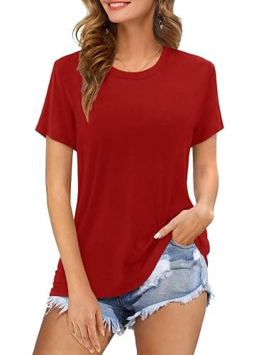Womens Short Sleeve T Shirts Crewneck Summer Trendy Solid Basic Tee Tops Casual Summer Loose Fit Shirts - Image 1