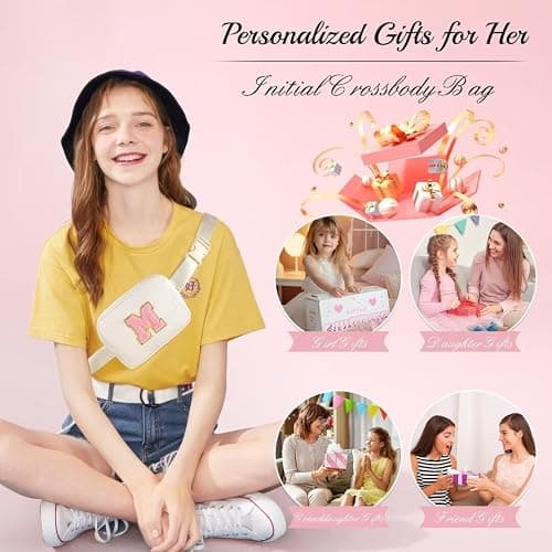 YOOLIFE 4 5 6 7 8 9 10 11 12 Year Old Girls Birthday Gifts, Initial Fanny Pack Crossbody Bag Purse for Teen Girl Belt Bag, Beige A thumbnail 3