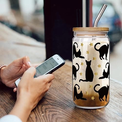 Enanaimg Black Cat 16oz Glass Cup With Lids and Straw Christmas Gifts for Cat Lovers Women Girls, Crazy Cats Lady Cup Gift for Friend Mom Mothers Day Bestie, Graduation Gifts for Friends thumbnail 2
