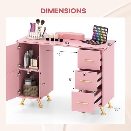 WELLHUT Nail Table for Nail Tech, Manicure Table w/Movable Wrist Rest, Acetone Resistant Nail Desk Salon Station Workstation with 3 Drawers, 2 Large Cabinets for Home Office Spa Beauty Salon thumbnail 7