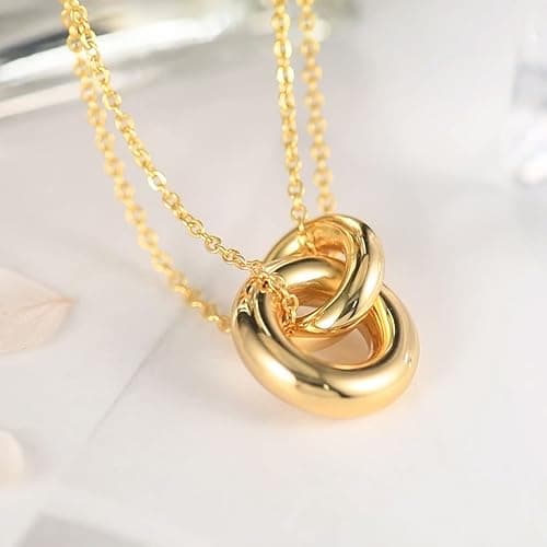 AllenCOCO Dainty Gold Necklace for Women Trendy, Cute Sister Necklaces, 14k Gold Plated S925 Sterling Silver Interlocking Circle Heart Necklace Herringbone Chain Choker Necklace for Women Non Tarnish thumbnail 5