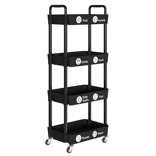 Laiensia 4-Tier Rolling Cart with Wheels,Multifunction Utility Storage Carts, Kitchen Storage Organizer,Mobile Shelving Unit for Bathroom,Laundry,with Classified Stickers,Black thumbnail 8