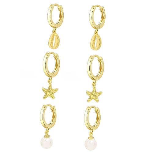 SELFROSE Gold Earrings Set For Women,Summer Starfish Shell Pearl Dangle Earrings Set For Women Trendy Cute Hoop Drop Earring Stack Fashion Beach Jewelry Gifts - Image 1