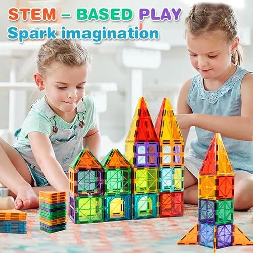 Magnetic Tiles, 135PCS Magnetic Building Blocks with 2 Cars, Large Magnet Building Set,STEM Sensory Educational Toys Gift for Toddlers Kids Boys Girls. thumbnail 3