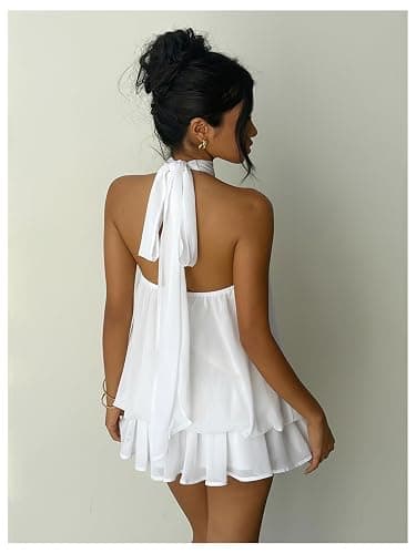 Verdusa Women's Chiffon Halter Drop Waist Wedding Guest Dresses Ruffle Summer Loose Fit Mini Dress Brunch Outfits thumbnail 2