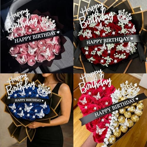 DIY Birthday Flower Bouquet Accessories Includes 2 Inch x 10 Yards Glitter Happy Birthday Satin Ribbon, Bouquet Crown, Butterfly Decor and Rhinestone Flower Pins for Birthday Gifts (Happy Birthday) thumbnail 7